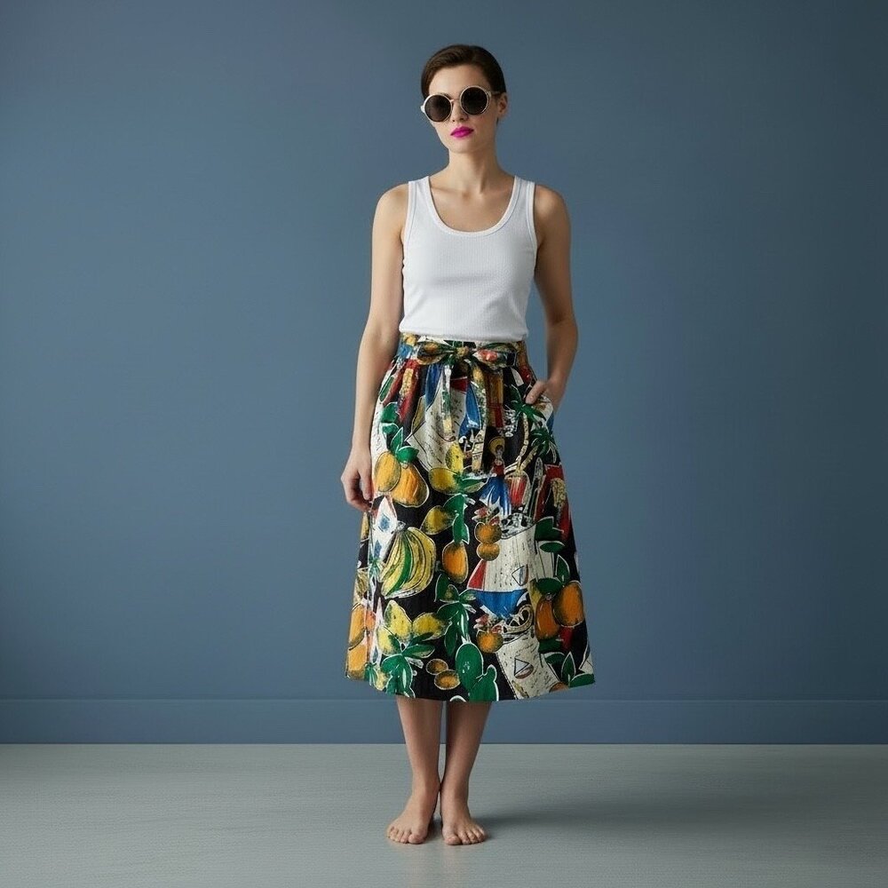 J Crew Button Up A-Line Skirt Postcard Print Fruit Travel Tie Cotton Skirt EUC